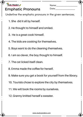 Emphatic pronoun worksheet-with answer key free printable
