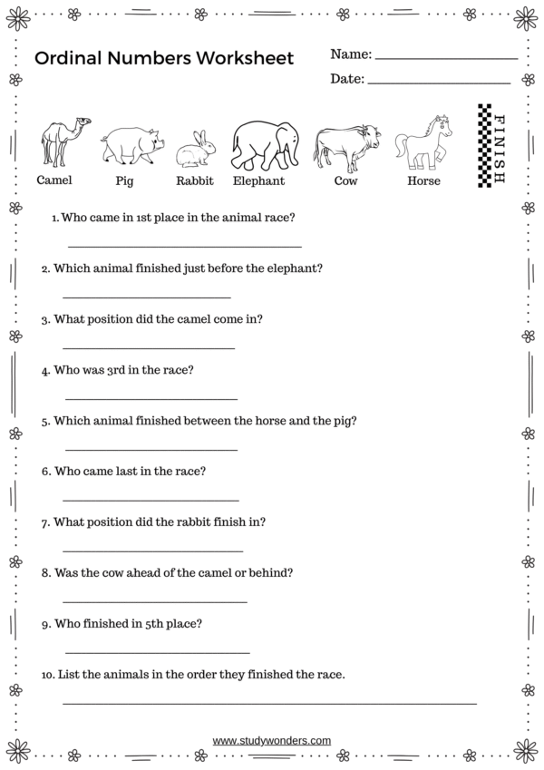 Free Printable Ordinal Numbers 1 to 10 Worksheet PDF - studywonders.com