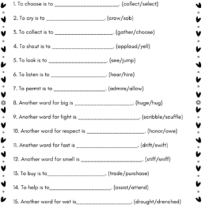 English Vocabulary Synonyms Worksheet