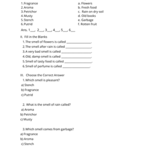 different names of smell worksheet for kids printable pdf