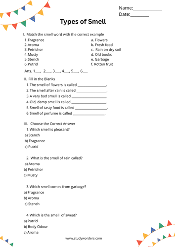 different names of smell worksheet for kids printable pdf